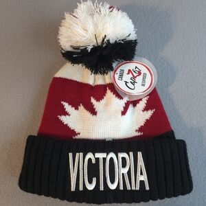 Victoria Canada Pom-Pom Red, White, Black Maple Leaf Stocking Cap NWT